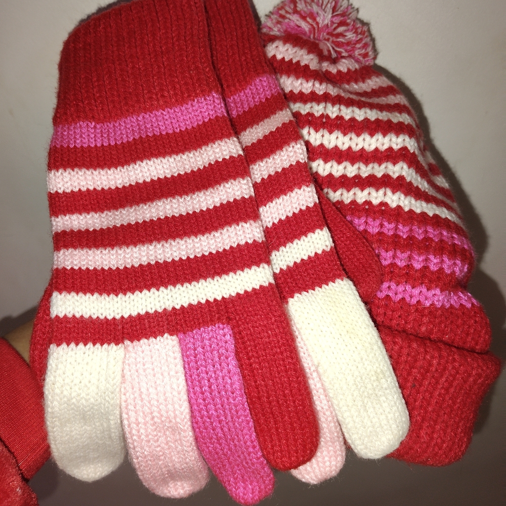 Girls' Red & Pink Striped Knit Hat and Glove Set